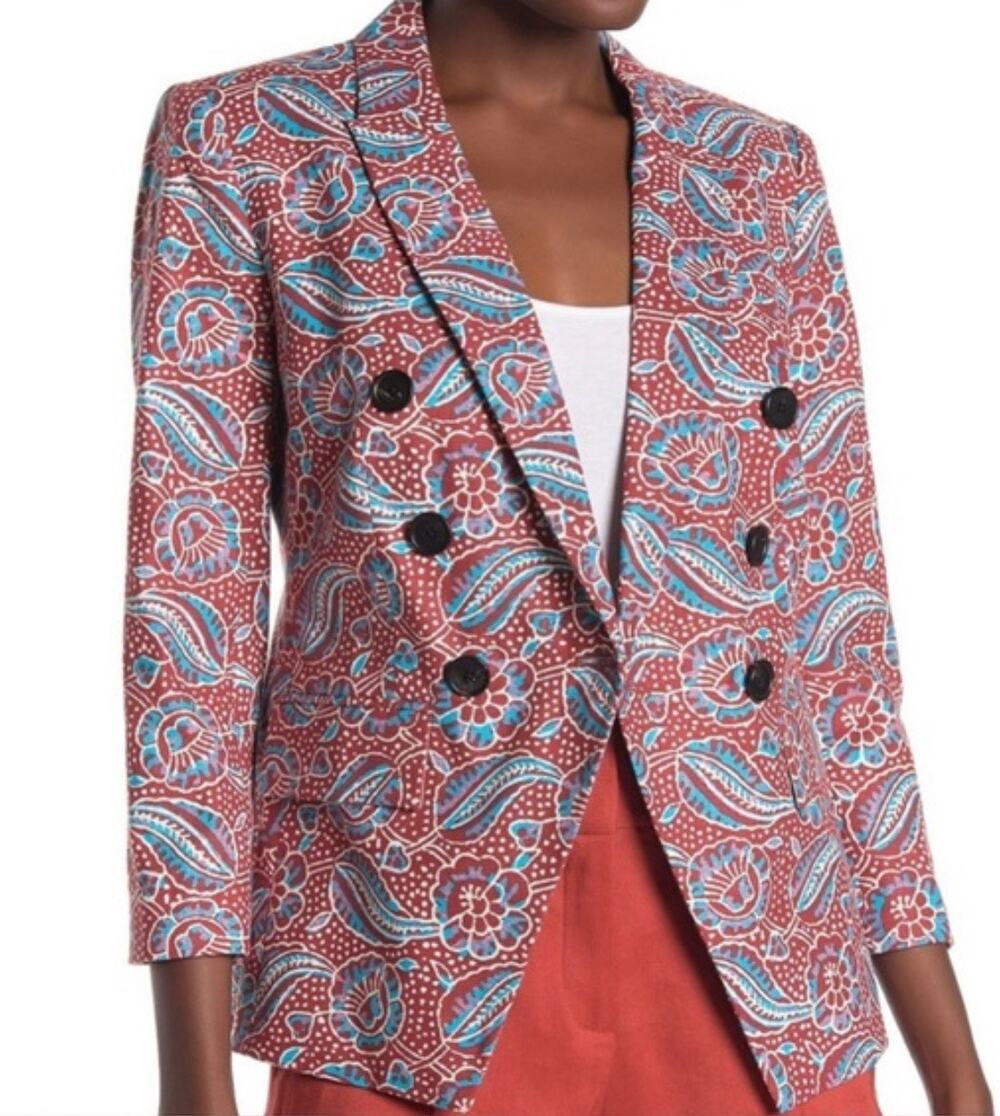 Veronica Beard Blazer Red Floral Print Linen Empire Dickey Jacket New